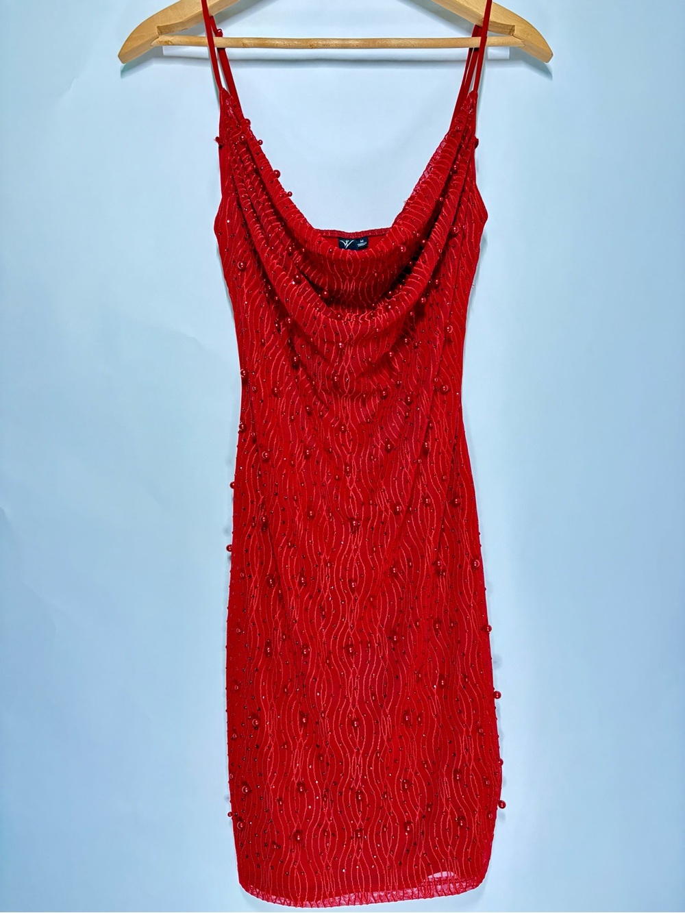 Windsor Red Beaded Mini Dress Women’s Medium Cowl Neck Y2K Party Cocktail NWT